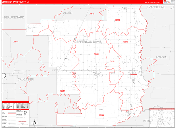 Jefferson Davis Parish (County), LA Wall Map Red Line Style